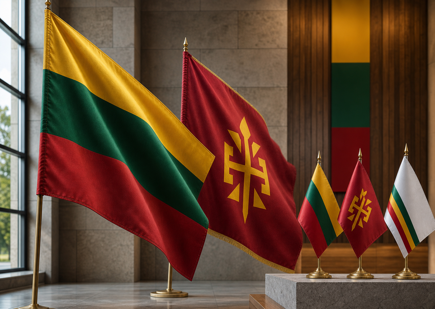 Lithuanian national, historical and table flags in a premium civic interior