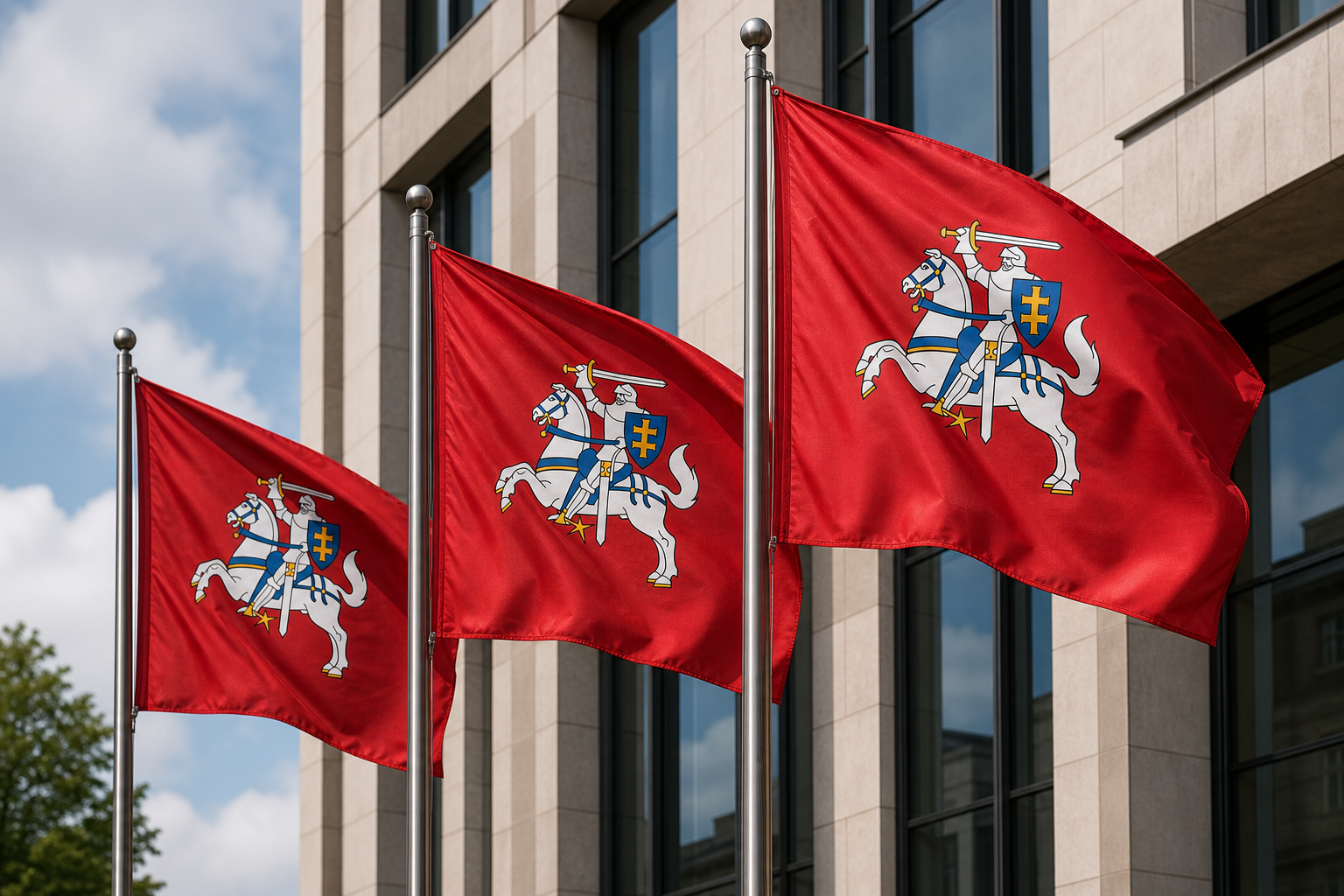 Lithuanian historical state flags with Vytis on a civic facade