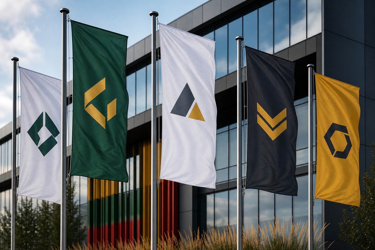 Corporate flags in front of a modern business facade