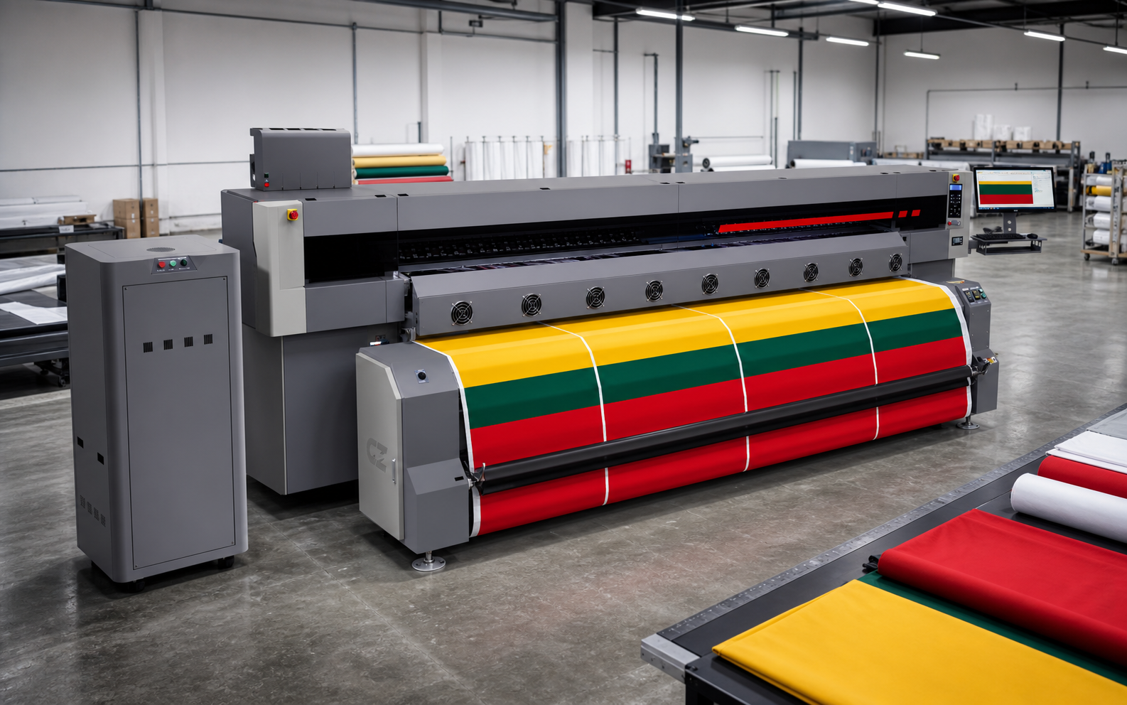 Wide-format textile printer producing Lithuanian flags in a production workshop